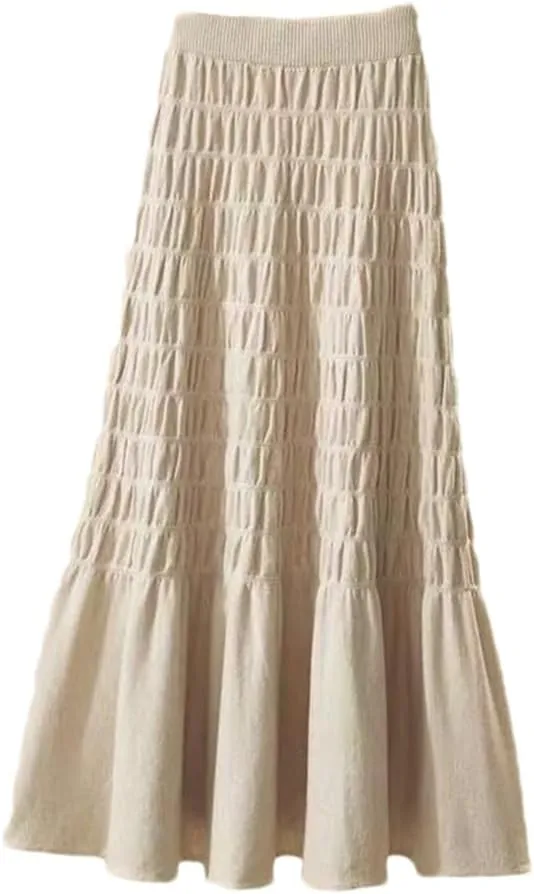 Hndudnff Women Solid Knit Pleated Skirt Office Thickening Warm Long Skirt A-Line Swing Midi Skirt