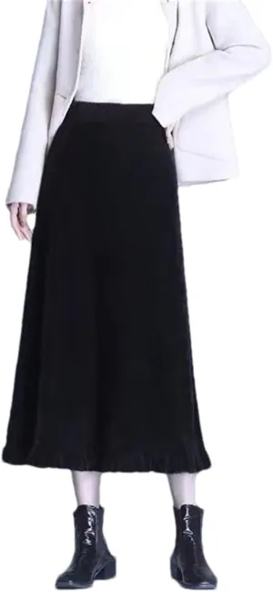 Hndudnff Women Wool Blended Pleated Skirt High Waist Thicken A-Line Midi Skirts Office Work Knitted Skirt