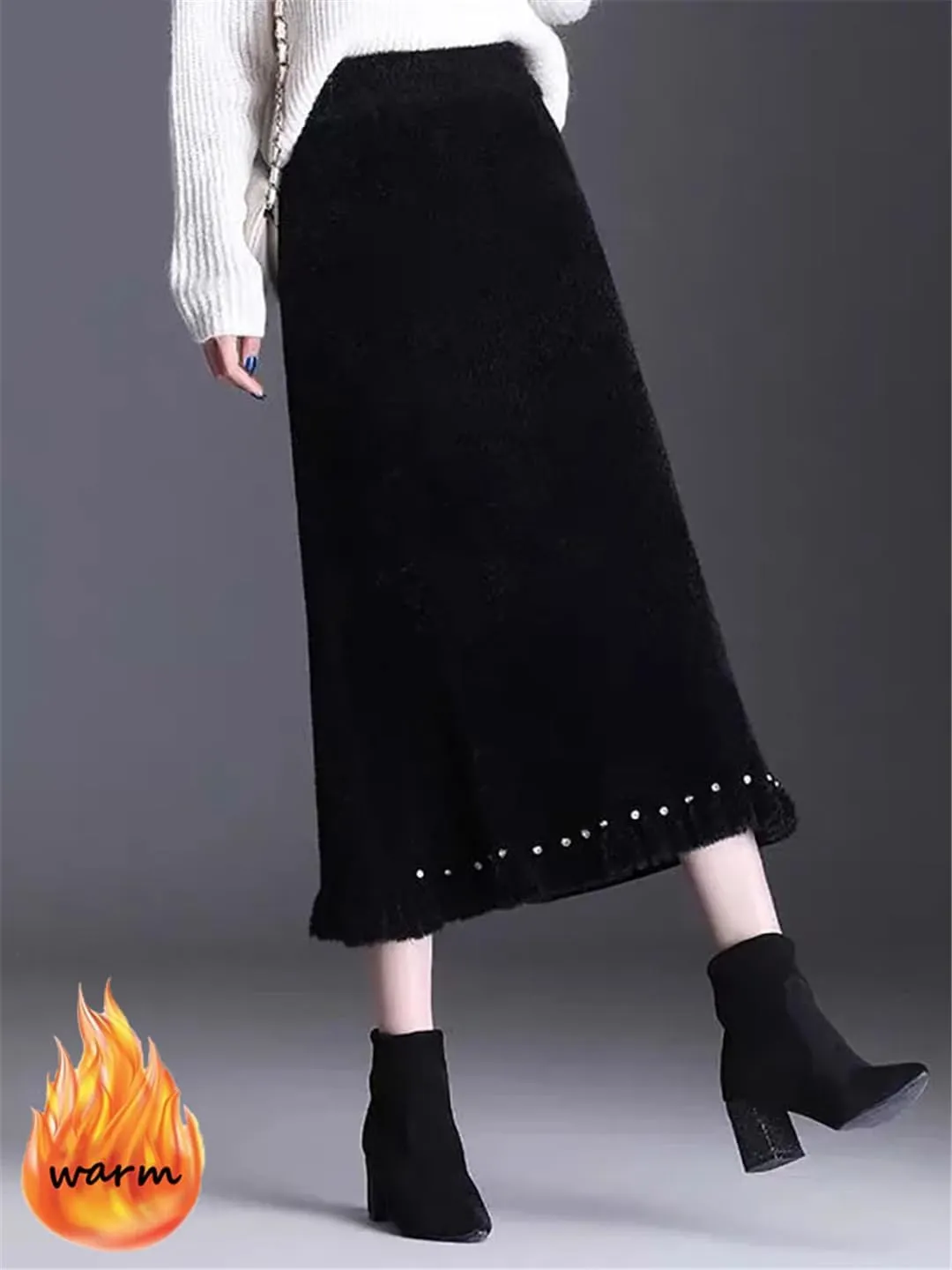 Hndudnff Women Wool Blended Pleated Skirt High Waist Thicken A-Line Midi Skirts Office Work Knitted Skirt