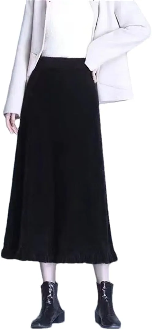 Hndudnff Women Wool Blended Pleated Skirt High Waist Thicken A-Line Midi Skirts Office Work Knitted Skirt