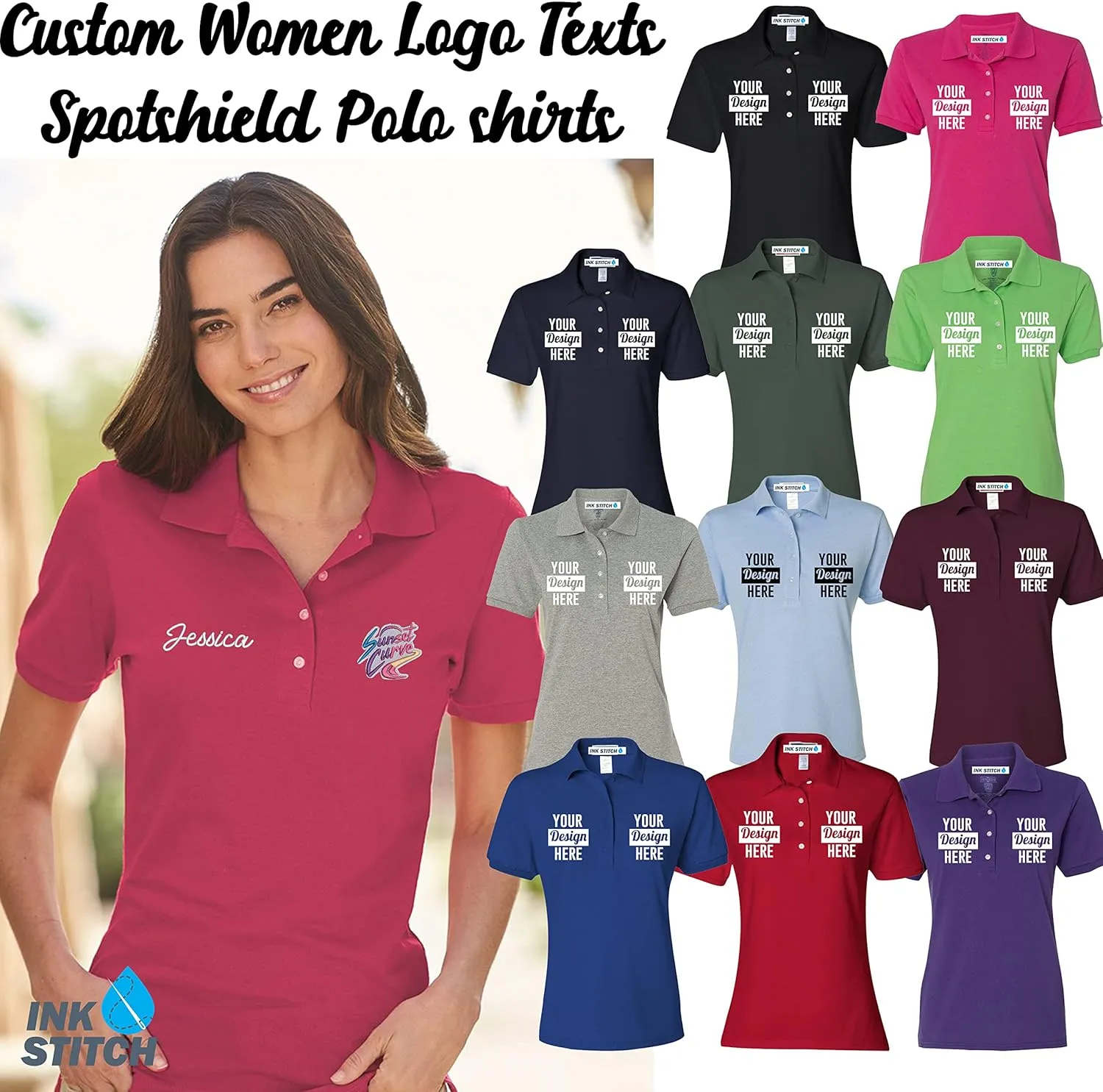 INK STITCH Custom Women 437wr Logo Texts Embroidery SpotShield Polo Shirts