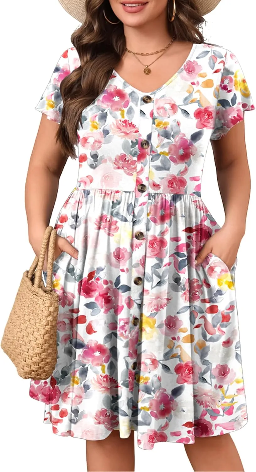 IN'VOLAND Plus Size Summer Dresses for Women Casual Floral A-line Dress Flowy Beach Sundress with Pockets