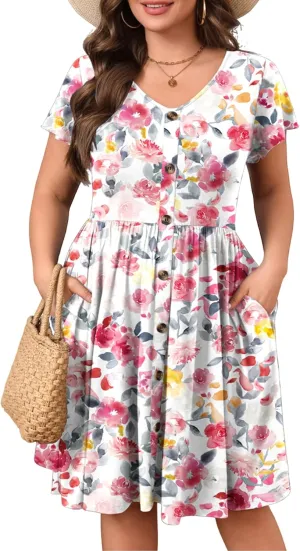 IN'VOLAND Plus Size Summer Dresses for Women Casual Floral A-line Dress Flowy Beach Sundress with Pockets