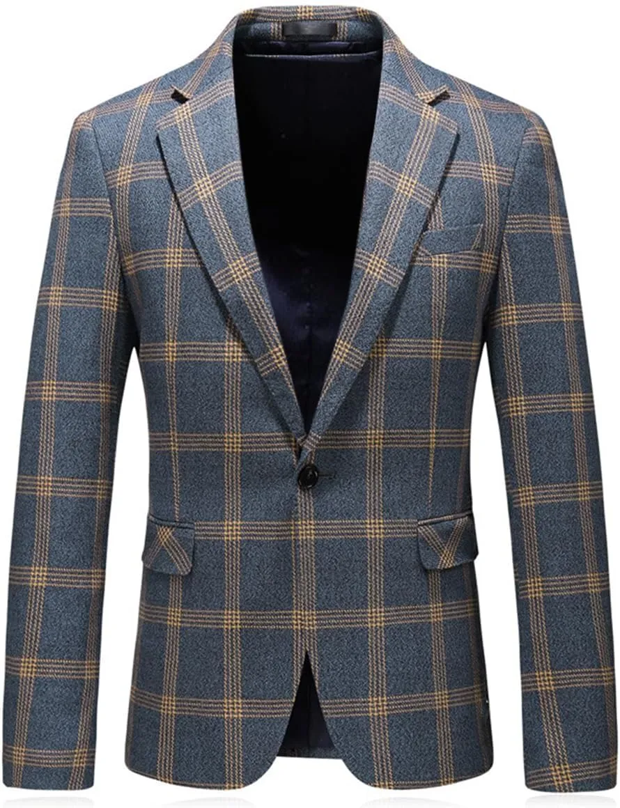 Iynnijoy Men's Plaid Blazer Casual Sports Coat Slim Fit Plaid Suit Jackets for Party Wedding