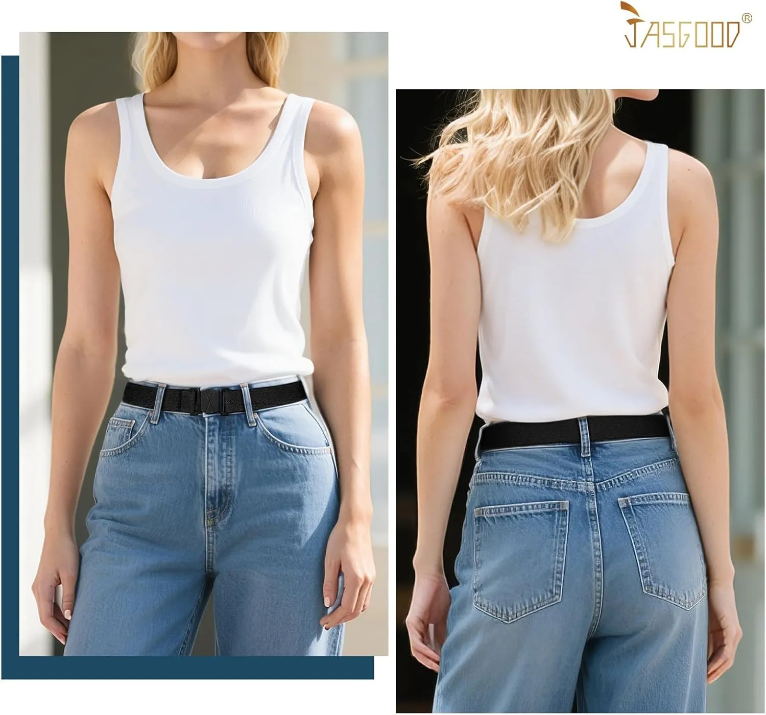 JASGOOD Women No Show Stretch Belt Flat Buckle Elastic Web Belt for Jeans Pants Dresses