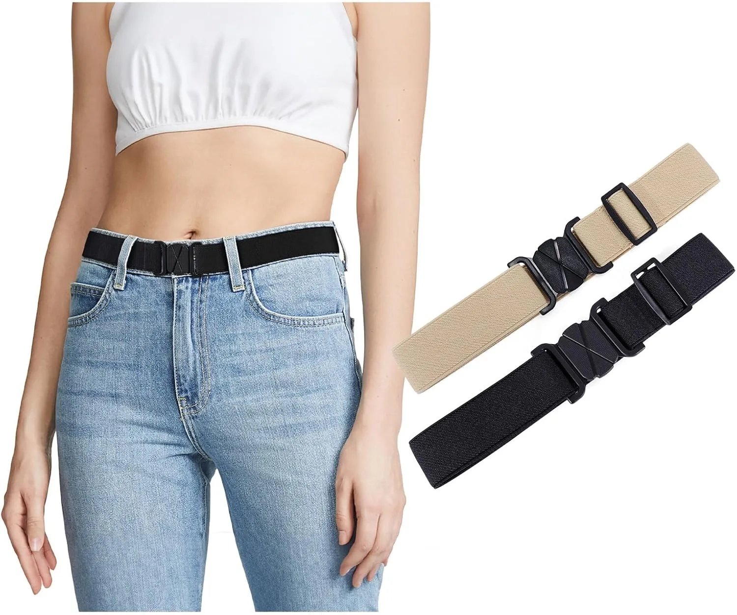 JASGOOD Women No Show Stretch Belt Flat Buckle Elastic Web Belt for Jeans Pants Dresses