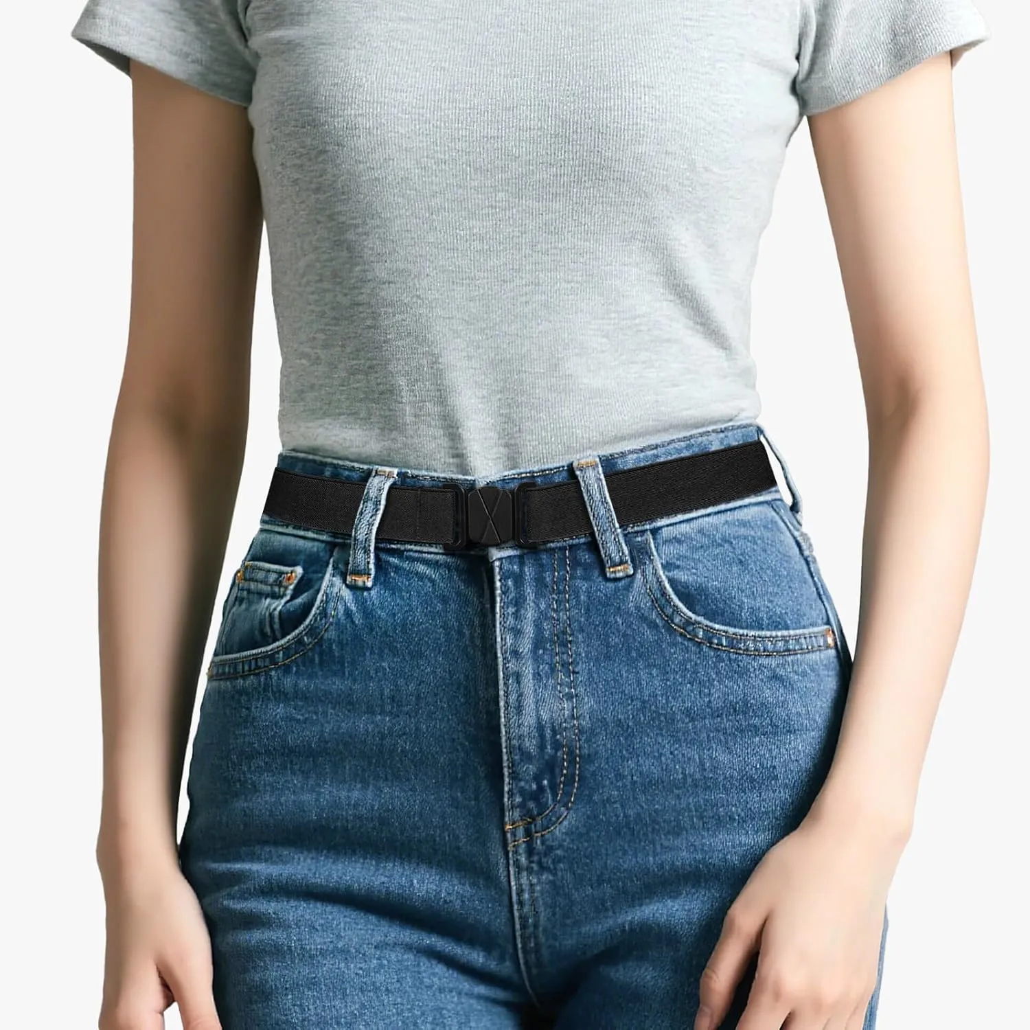JASGOOD Women No Show Stretch Belt Flat Buckle Elastic Web Belt for Jeans Pants Dresses