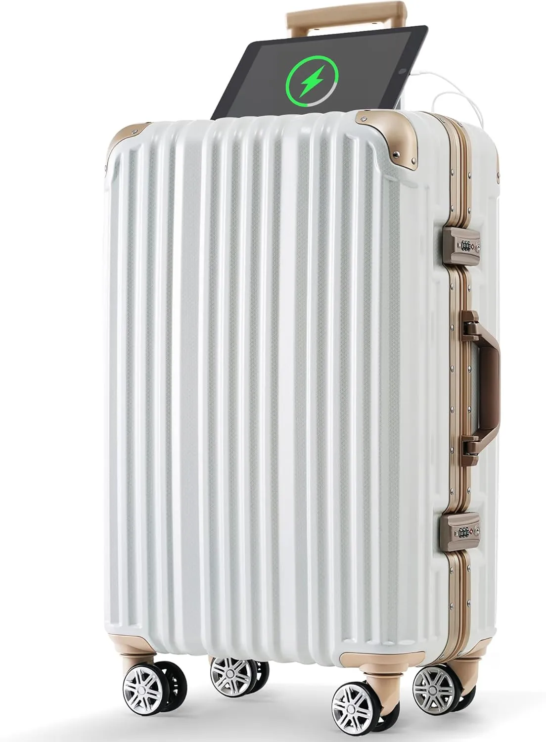 JCSD Travel Comfort with Lightweight Aluminum Frame Luggage, USB Port, Carry-On Suitcase with Spinner Wheels, Gloss White