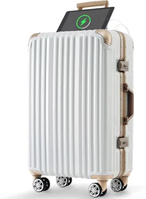 JCSD Travel Comfort with Lightweight Aluminum Frame Luggage, USB Port, Carry-On Suitcase with Spinner Wheels, Gloss White