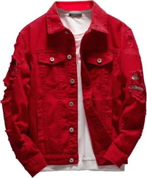 JEKE-DG Men's Ripped Distressed Biker Denim Jacket Casual Loose Fit Jean Jacket Fashion Long Sleeve Ourdoor Jean Coat