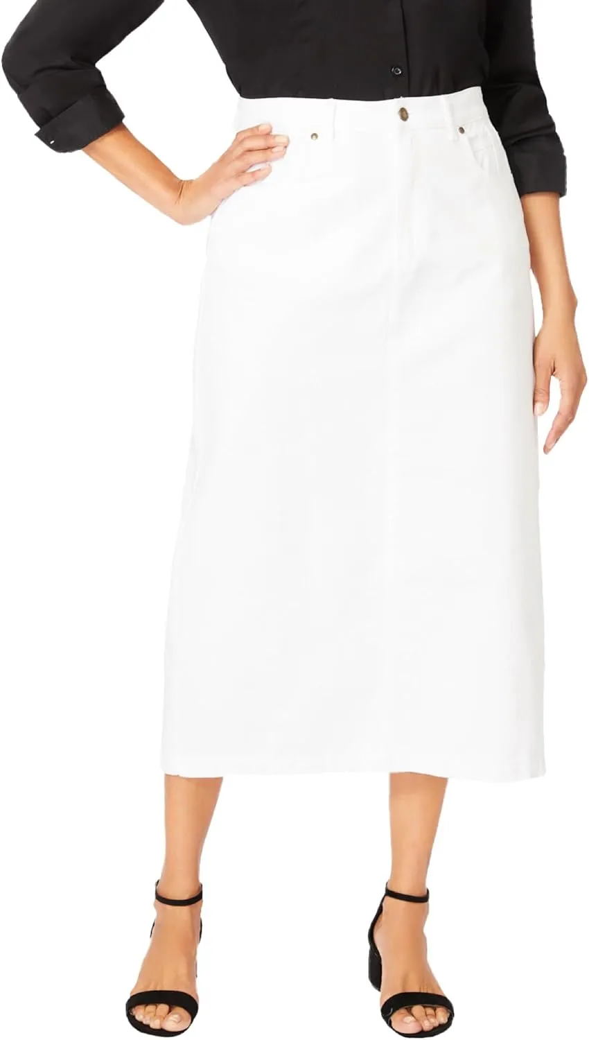 Jessica London Women's Plus Size Classic Cotton Denim Midi Skirt Pockets Long Jean Skirt