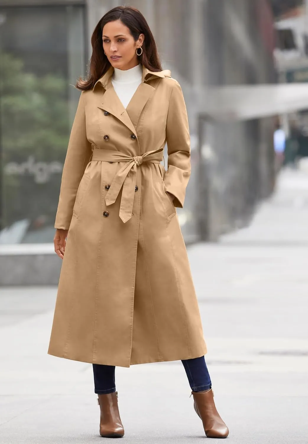 Jessica London Women's Plus Size Double Breasted Long Trench Raincoat
