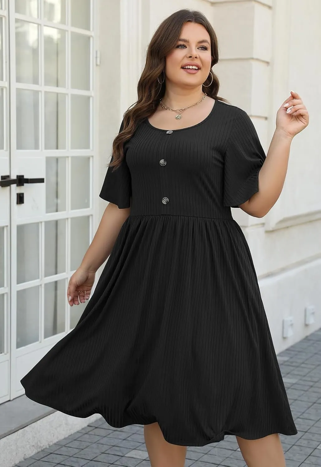 Keluummi Plus Size Casual Dress for Women, with Pocket and 3/4 Sleeve
