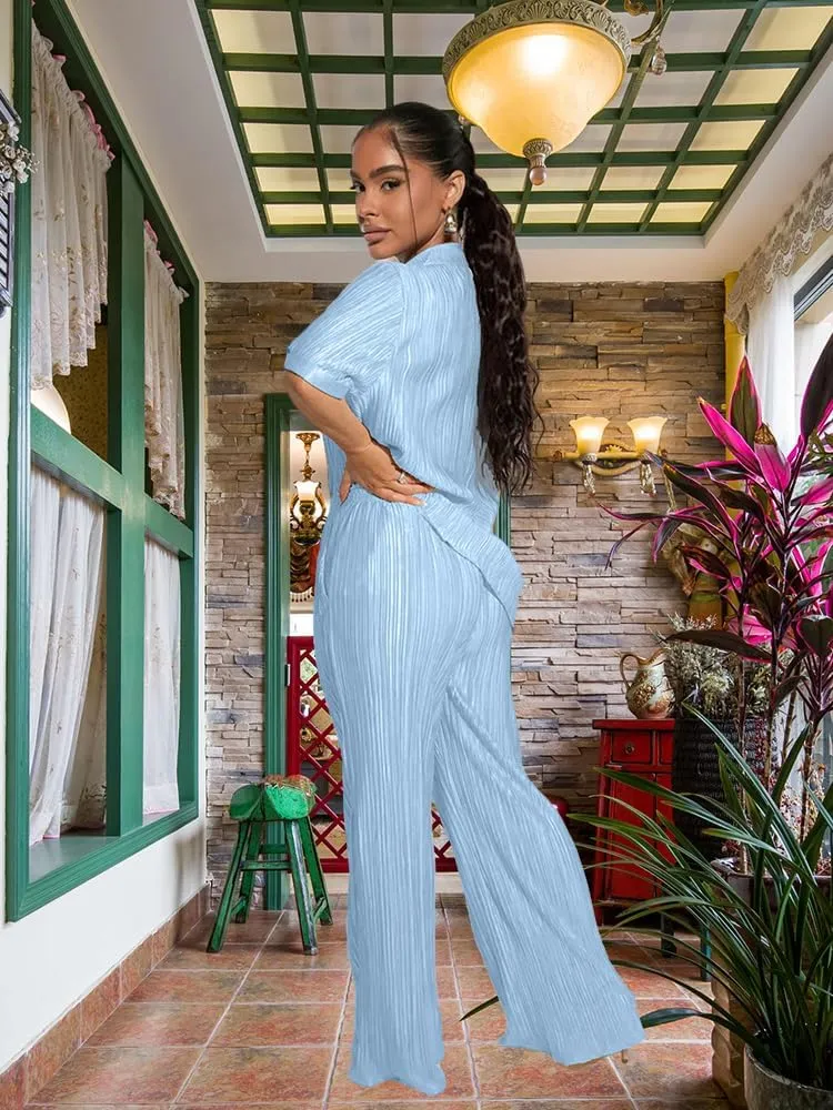 KEYUFANG 2 Piece Outfits for Women 90s Casual Boho Trendy Muse Shirt Wide Leg Pants Solid Daily Pleated Suit