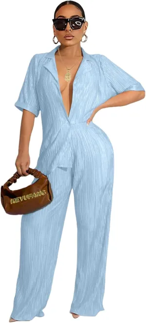 KEYUFANG 2 Piece Outfits for Women 90s Casual Boho Trendy Muse Shirt Wide Leg Pants Solid Daily Pleated Suit