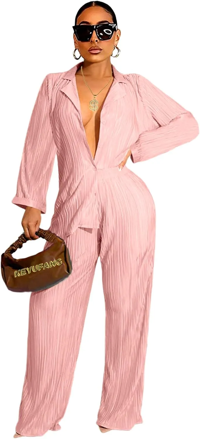 KEYUFANG 2 Piece Outfits for Women 90s Casual Boho Trendy Muse Shirt Wide Leg Pants Solid Daily Pleated Suit