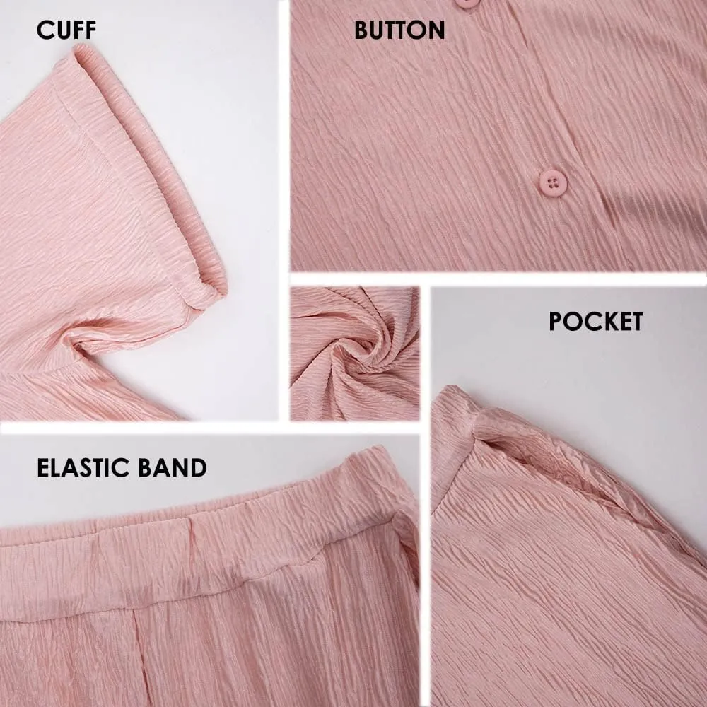 KEYUFANG 2 Piece Outfits for Women 90s Casual Boho Trendy Muse Shirt Wide Leg Pants Solid Daily Pleated Suit