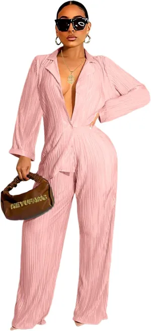 KEYUFANG 2 Piece Outfits for Women 90s Casual Boho Trendy Muse Shirt Wide Leg Pants Solid Daily Pleated Suit