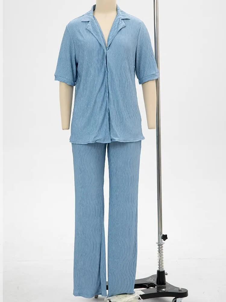 KEYUFANG 2 Piece Outfits for Women 90s Casual Boho Trendy Muse Shirt Wide Leg Pants Solid Daily Pleated Suit