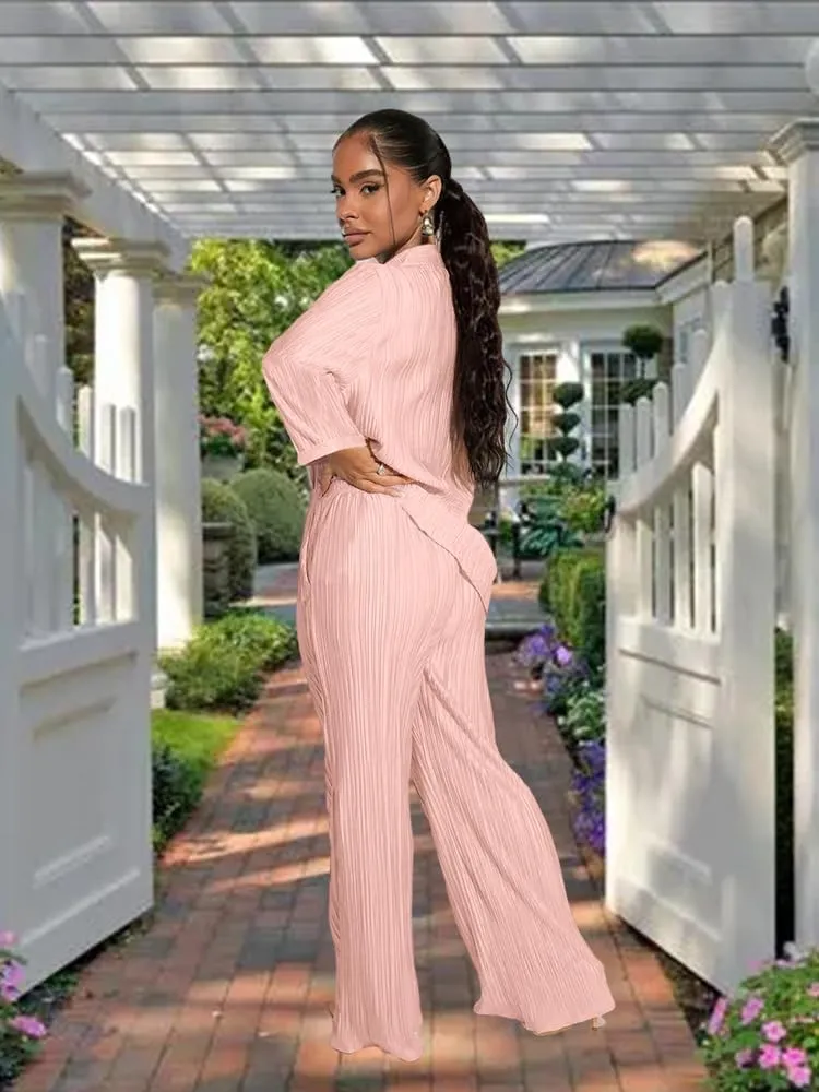 KEYUFANG 2 Piece Outfits for Women 90s Casual Boho Trendy Muse Shirt Wide Leg Pants Solid Daily Pleated Suit