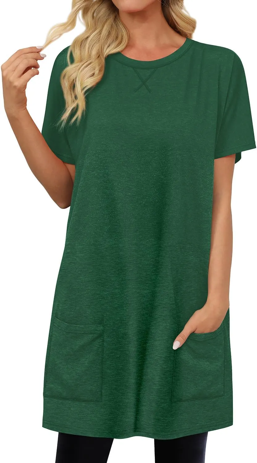 KISSMODA Womens Summer Tunic Tops for Leggings Casual Short Sleeve Long Shirts with Pockets