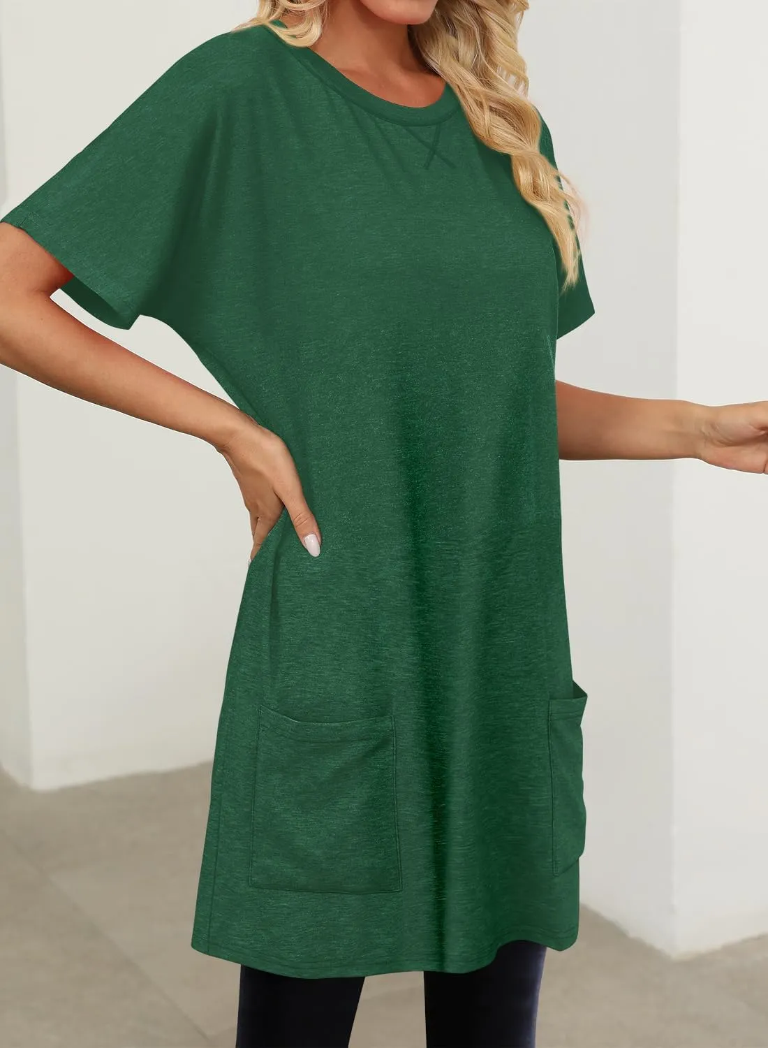 KISSMODA Womens Summer Tunic Tops for Leggings Casual Short Sleeve Long Shirts with Pockets