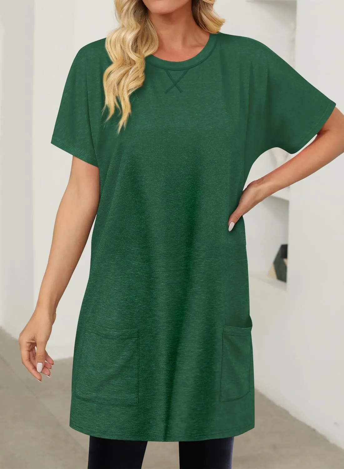 KISSMODA Womens Summer Tunic Tops for Leggings Casual Short Sleeve Long Shirts with Pockets