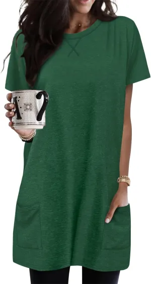 KISSMODA Womens Summer Tunic Tops for Leggings Casual Short Sleeve Long Shirts with Pockets