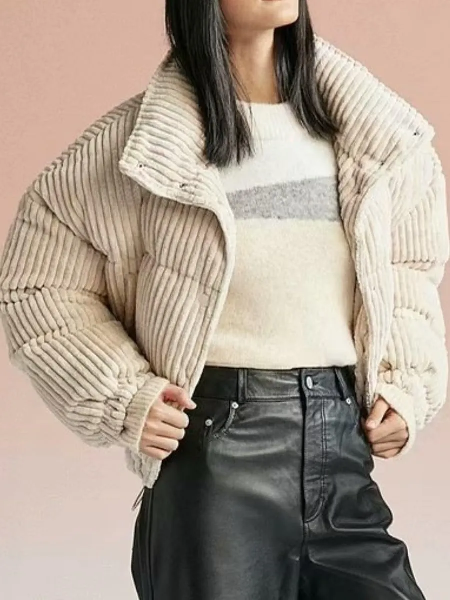 Kissonic Women's Winter Corduroy Cropped Puffer Jacket Warm Long Sleeve Stand Collar Short Down Coats