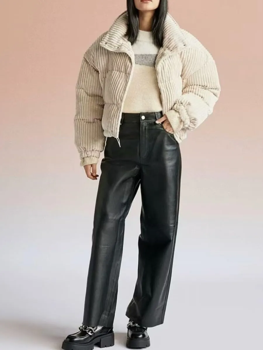 Kissonic Women's Winter Corduroy Cropped Puffer Jacket Warm Long Sleeve Stand Collar Short Down Coats