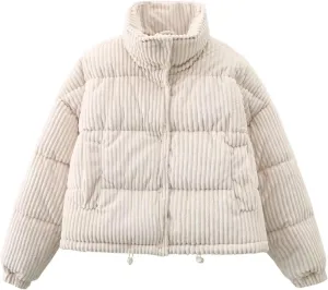 Kissonic Women's Winter Corduroy Cropped Puffer Jacket Warm Long Sleeve Stand Collar Short Down Coats