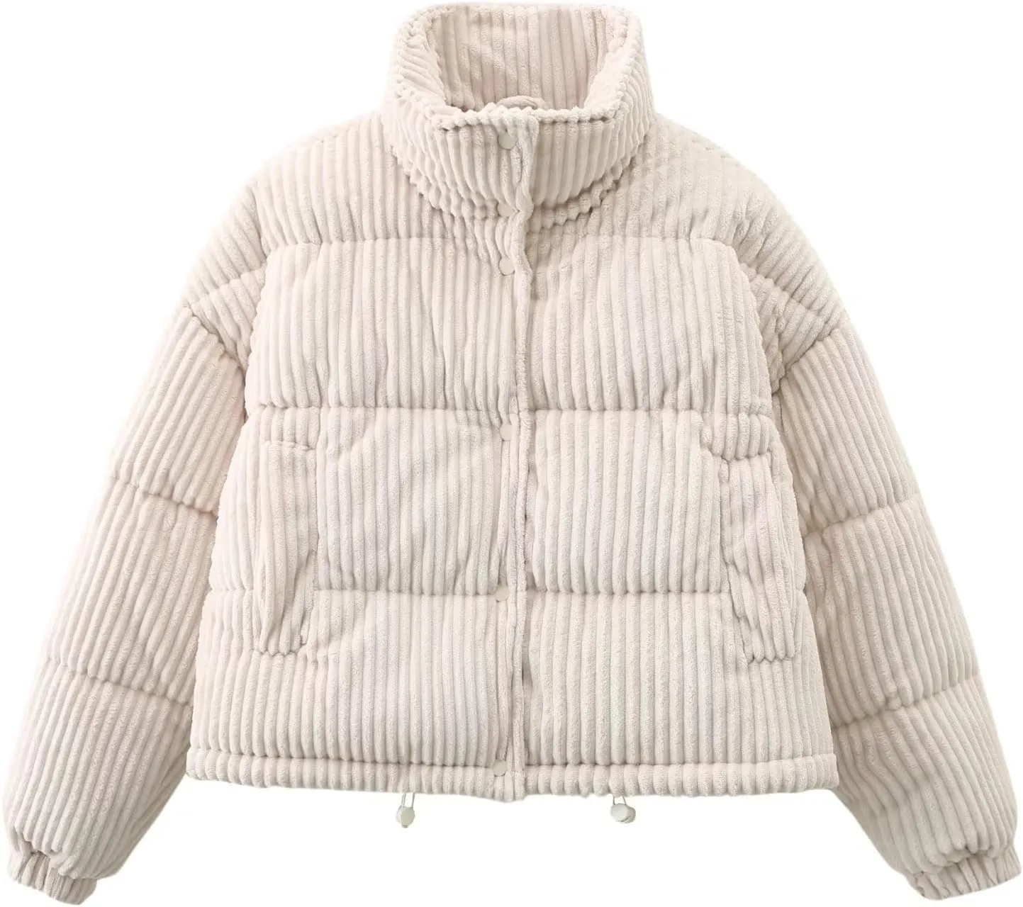 Kissonic Women's Winter Corduroy Cropped Puffer Jacket Warm Long Sleeve Stand Collar Short Down Coats
