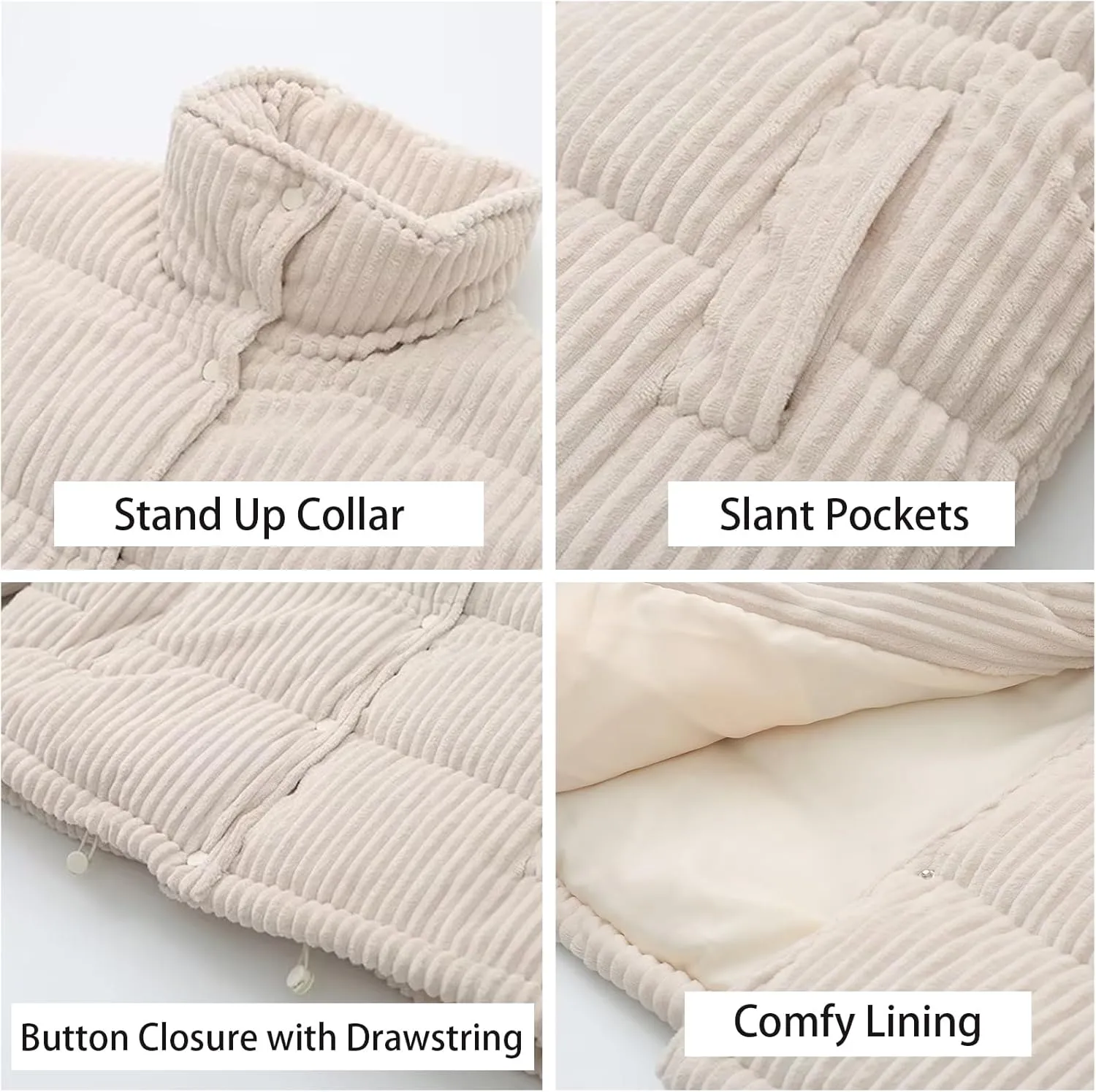 Kissonic Women's Winter Corduroy Cropped Puffer Jacket Warm Long Sleeve Stand Collar Short Down Coats