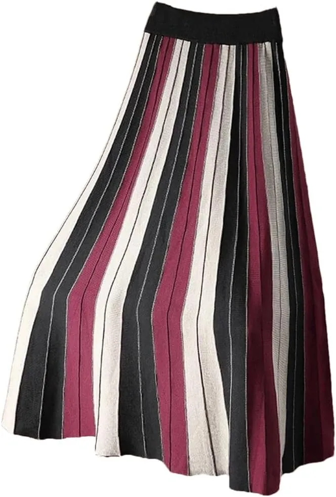 Knitted Long Skirt for Women Fall Winter Contrast Striped A Line High Waist Pleated Midi Skirt