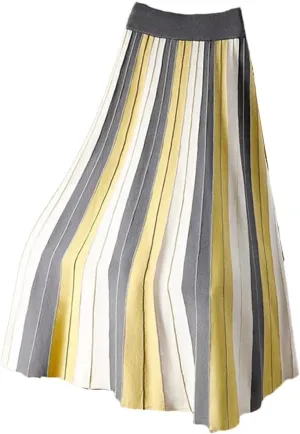Knitted Long Skirt for Women Fall Winter Contrast Striped A Line High Waist Pleated Midi Skirt