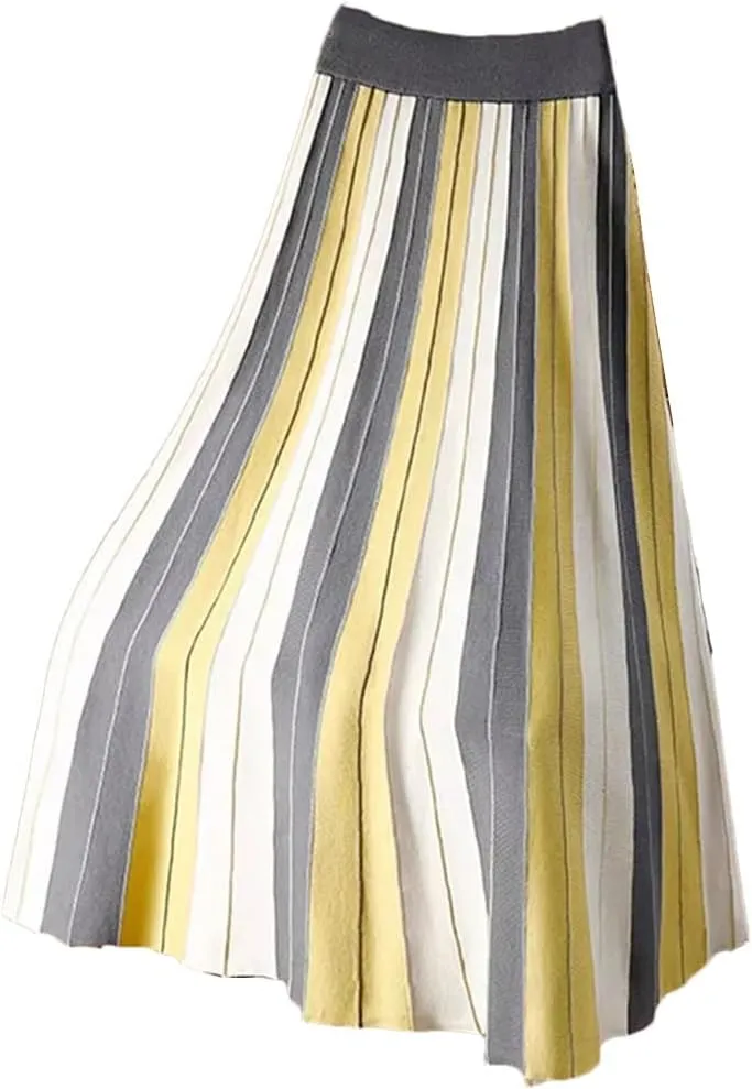 Knitted Long Skirt for Women Fall Winter Contrast Striped A Line High Waist Pleated Midi Skirt