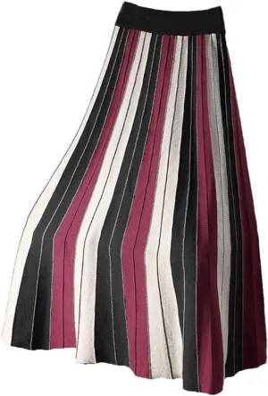Knitted Long Skirt for Women Fall Winter Contrast Striped A Line High Waist Pleated Midi Skirt