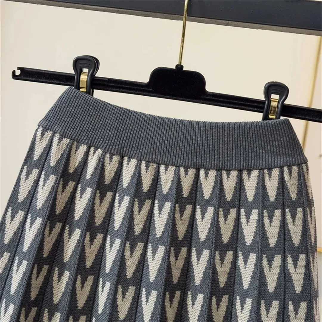 Knitted Long Skirt for Women Fall Winter Warm Letter Print A Line High Waist Pleated Midi Skirt
