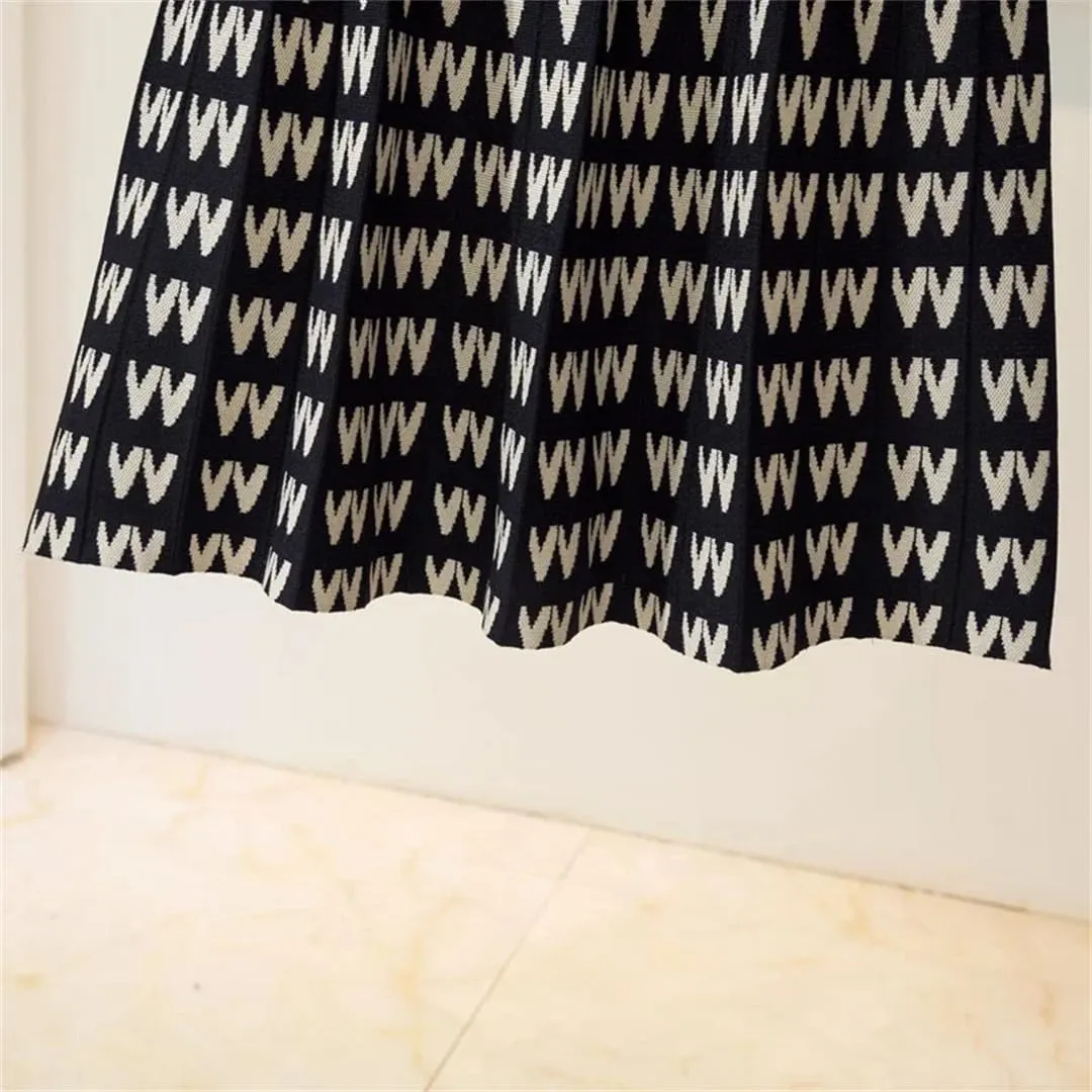 Knitted Long Skirt for Women Fall Winter Warm Letter Print A Line High Waist Pleated Midi Skirt