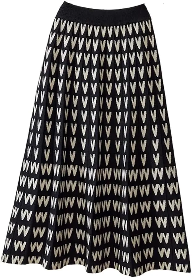 Knitted Long Skirt for Women Fall Winter Warm Letter Print A Line High Waist Pleated Midi Skirt
