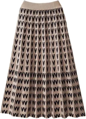 Knitted Long Skirt for Women Fall Winter Warm Letter Print A Line High Waist Pleated Midi Skirt