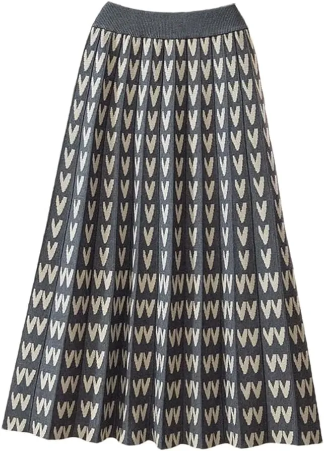 Knitted Long Skirt for Women Fall Winter Warm Letter Print A Line High Waist Pleated Midi Skirt