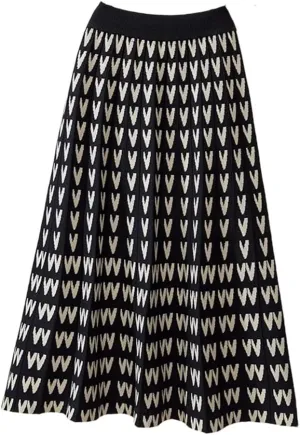 Knitted Long Skirt for Women Fall Winter Warm Letter Print A Line High Waist Pleated Midi Skirt