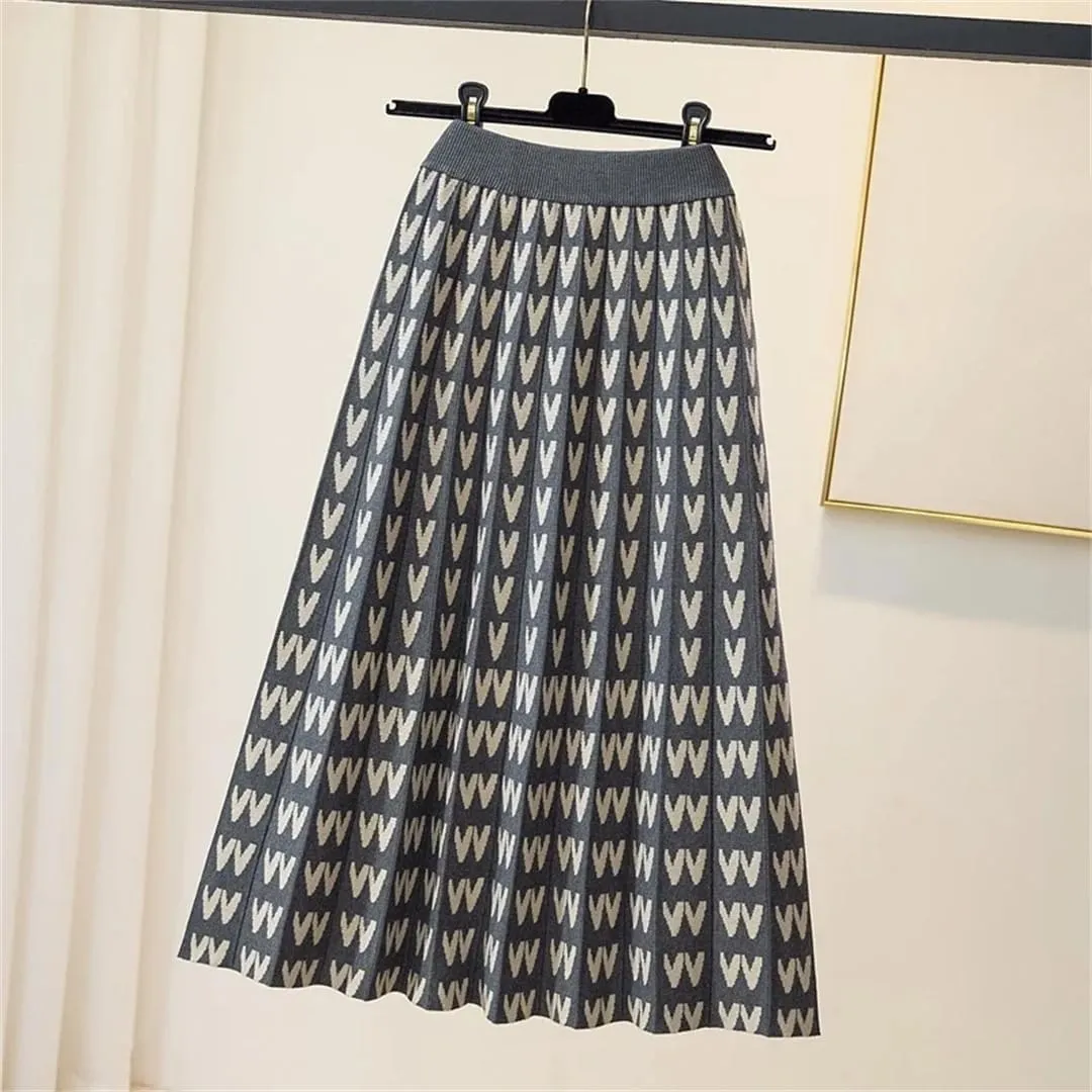 Knitted Long Skirt for Women Fall Winter Warm Letter Print A Line High Waist Pleated Midi Skirt