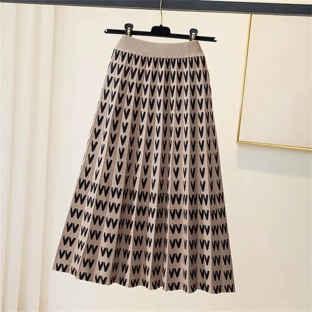 Knitted Long Skirt for Women Fall Winter Warm Letter Print A Line High Waist Pleated Midi Skirt