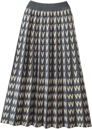 Knitted Long Skirt for Women Fall Winter Warm Letter Print A Line High Waist Pleated Midi Skirt