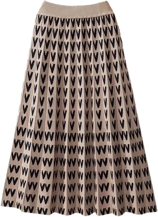 Knitted Long Skirt for Women Fall Winter Warm Letter Print A Line High Waist Pleated Midi Skirt