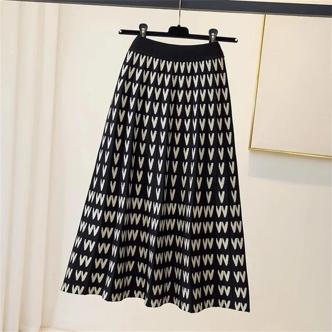 Knitted Long Skirt for Women Fall Winter Warm Letter Print A Line High Waist Pleated Midi Skirt