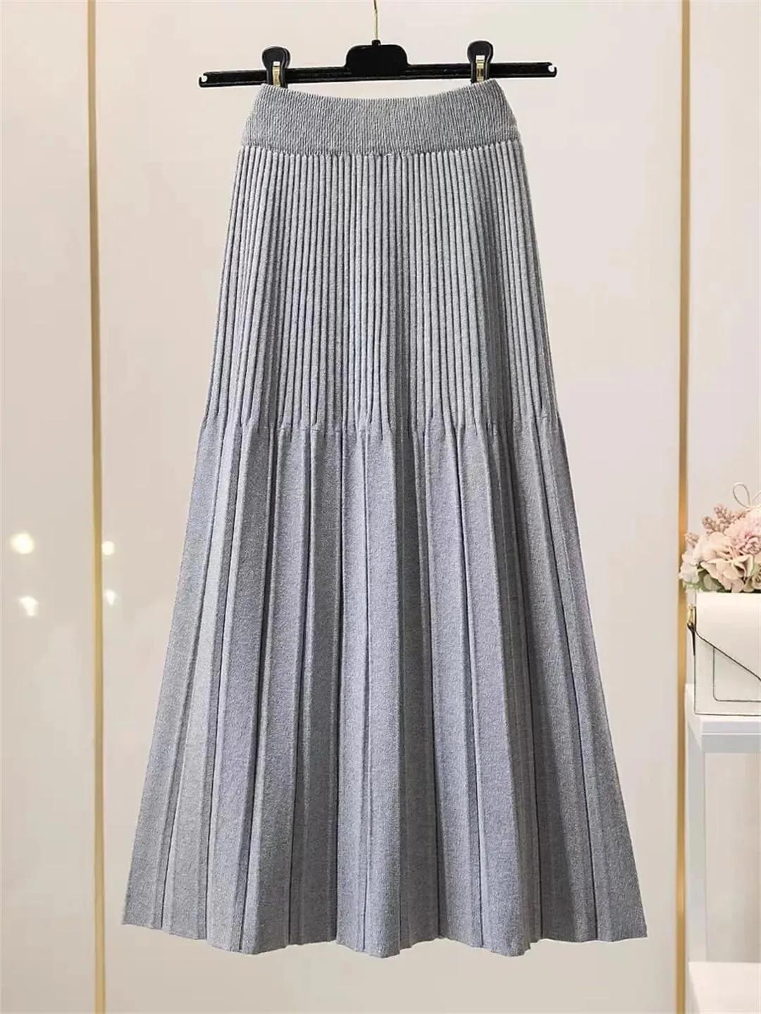 Knitted Pleated Skirt for Women Autumn Winter Thick Warm Casual A Line High Waist Midi Long Skirt