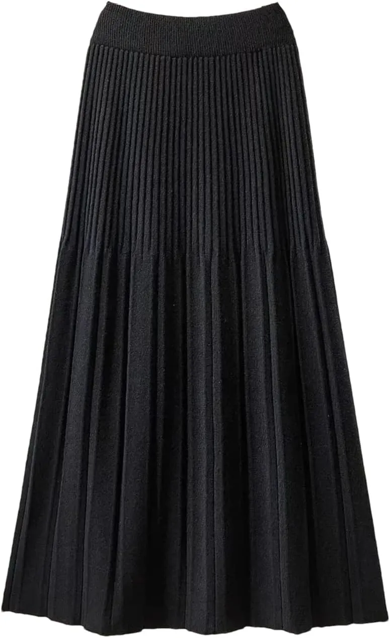 Knitted Pleated Skirt for Women Autumn Winter Thick Warm Casual A Line High Waist Midi Long Skirt